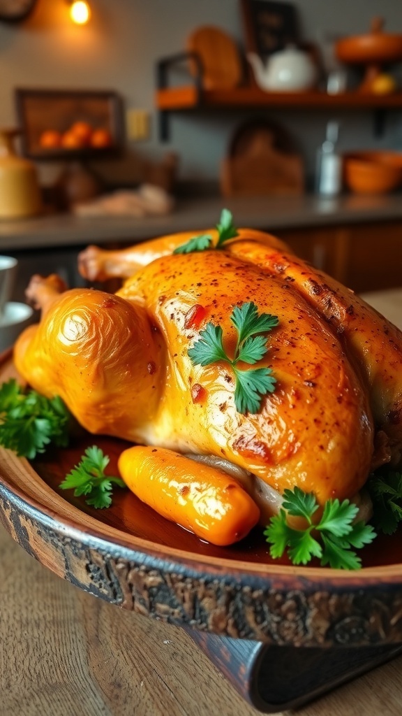 Oven-baked chicken thighs and drumsticks, golden brown and garnished with parsley, on a rustic wooden platter.
